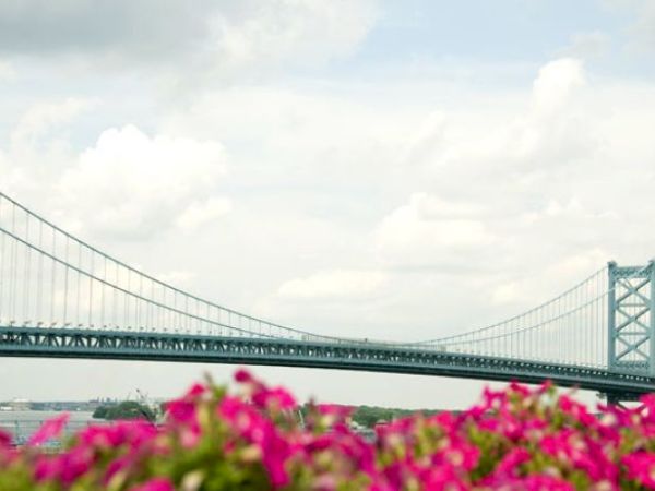 A suspension bridge stretches across the scene with pink flowers in the foreground under a partly cloudy sky.