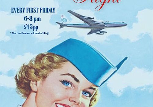 A vintage-style poster for "Friday Night Flight" with a smiling flight attendant, plane, and event details. Tickets are available.