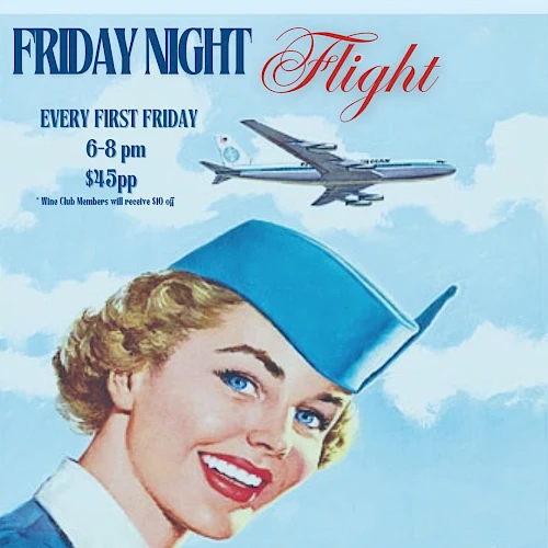 A vintage-style poster for "Friday Night Flight" with a smiling flight attendant, plane, and event details. Tickets are available.