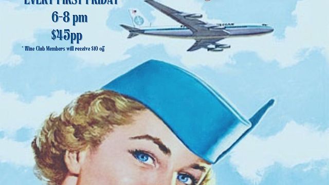 A vintage-style poster for "Friday Night Flight" with a smiling flight attendant, plane, and event details. Tickets are available.