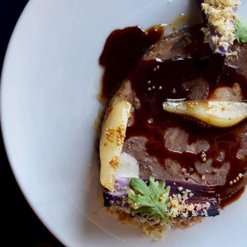 A plated dish featuring slices of meat with dark sauce, accompanied by vegetables, garnishes, and possibly crumbs on a white plate.