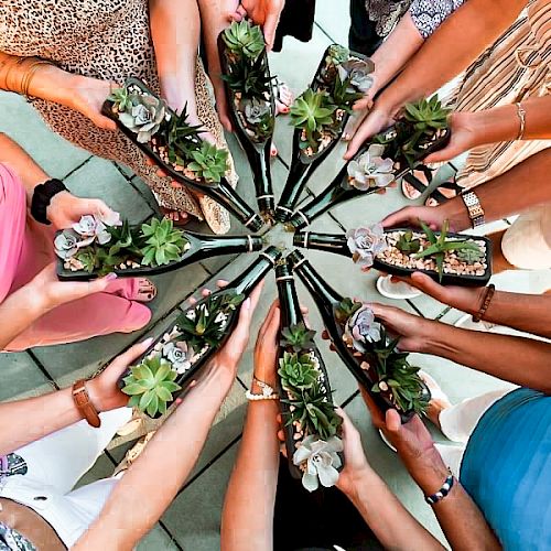 People holding succulent plants in glass bottles arranged in a circular pattern.