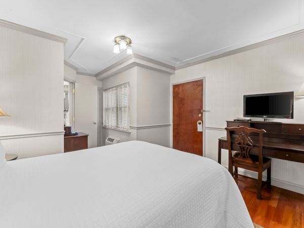A bright hotel bedroom with a bed, dresser and TV, two lamps, and a door and window with blinds, under a ceiling light.