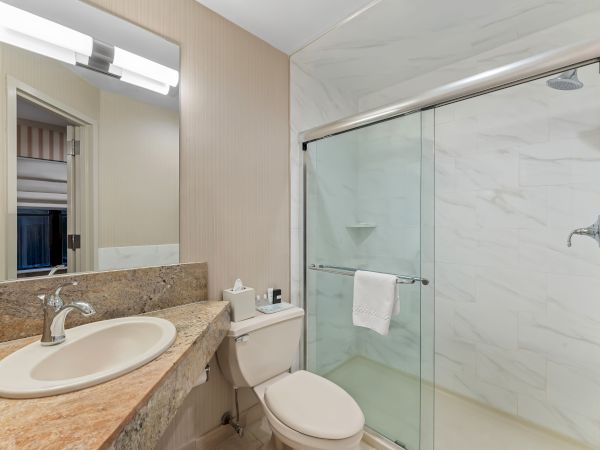 Modern bathroom with a granite vanity, sink, toilet, and a glass shower with white tile and a rainfall shower head.