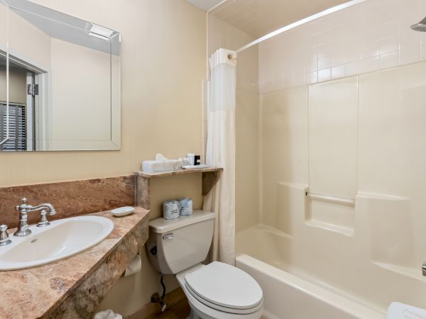 A bright hotel bathroom with a vanity sink, mirror, toilet, and a bathtub/shower with white tiled walls.