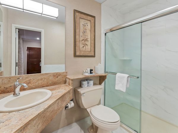 Bright modern bathroom with marble vanity, sink faucet, toilet, framed flower art, and a glass shower enclosure.