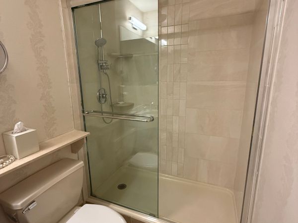 A bathroom with a glass shower enclosure, chrome grab bar, tiled walls, and a toilet in the foreground.