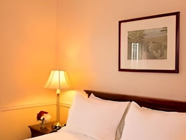 A cozy hotel room with a neatly made bed, bedside lamp, and a framed wall picture.