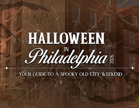 A Halloween-themed event poster for “Philadelphia in 2024,” showing a spooky old-city guide with haunted buildings and webbed crack effects.