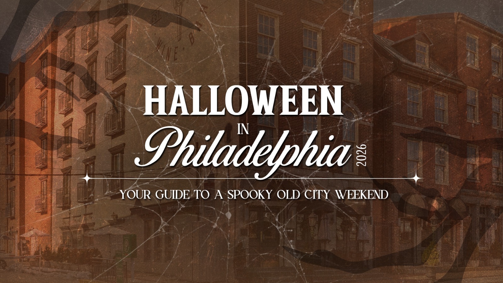 A Halloween-themed event poster for “Philadelphia in 2024,” showing a spooky old-city guide with haunted buildings and webbed crack effects.